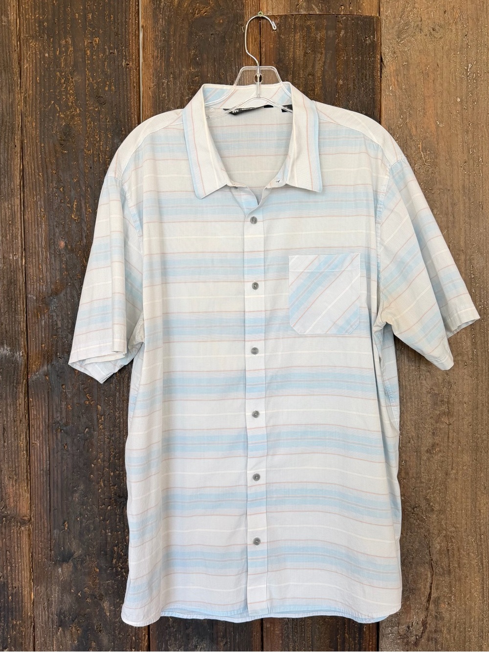 Travis Mathew Light Blue and White Striped Short-Sleeve Button-Down